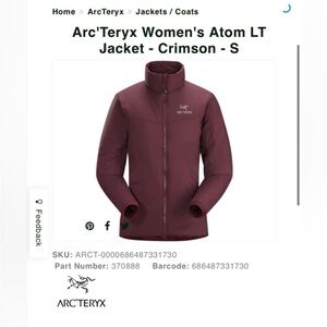 Arc’Teryx Women’s Atom Lightweight Zip Jacket Athletic Casual Crimson Size Med